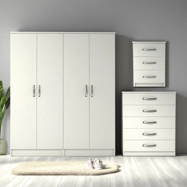 Premium Assembled 4 Door Wardrobe with Chest of Drawers and Bedside Table