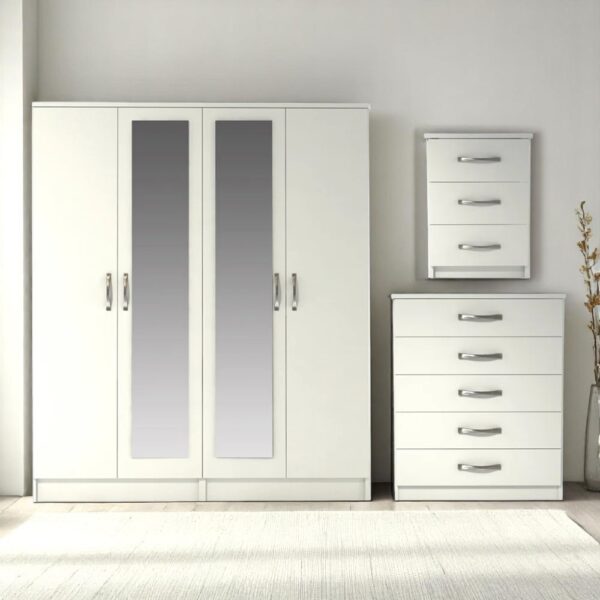 Premium Assembled 4 Door Mirrored Wardrobe with Chest of Drawers and Bedside Table