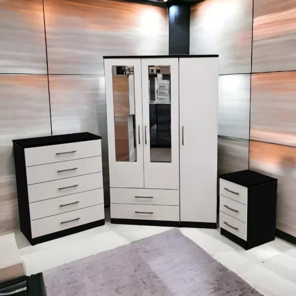 Assembled 3 Door Mirrored Wardrobe With 1 Chest and 1 Sidetable