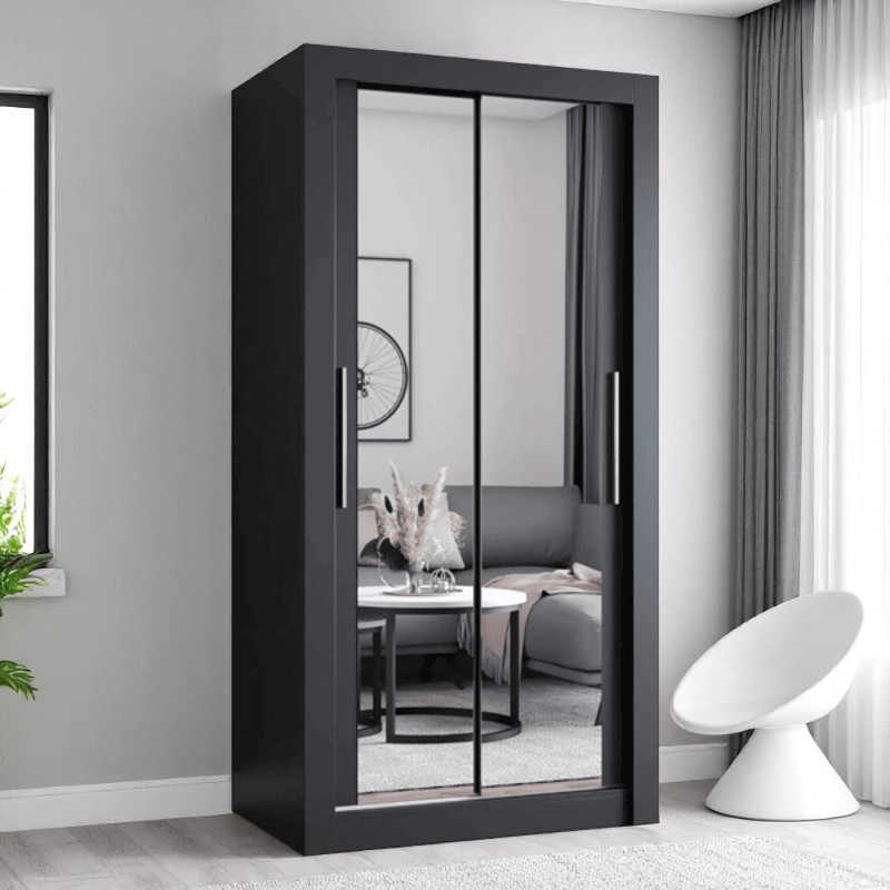 Black Berlin 100cm Wide Mirror Sliding Wardrobe