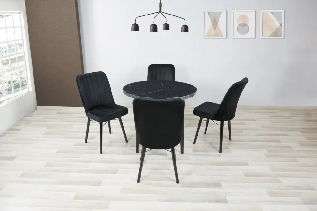 Black LAGUNA Wooden Round Table with 4 Velvet Chairs 