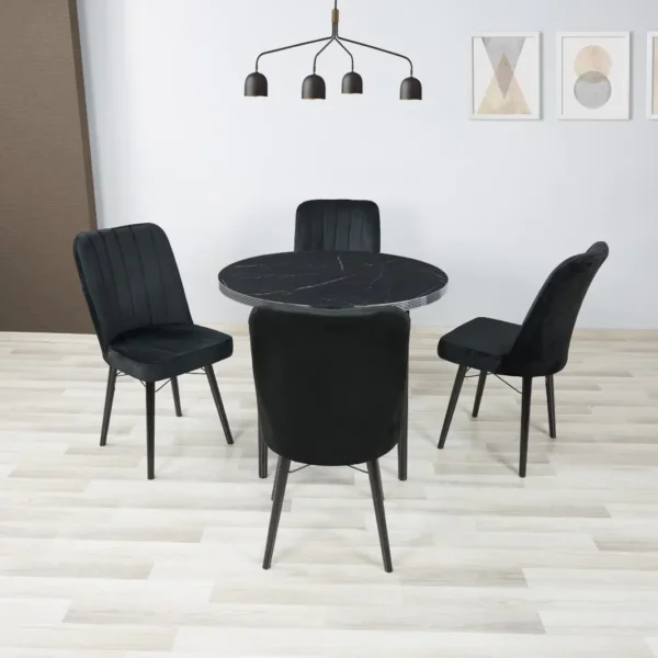 Black LAGUNA Wooden Round Table with 4 Velvet Chairs