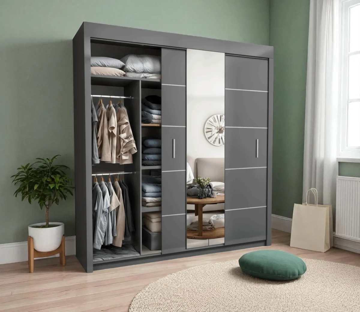 Large Grey Oslo Mirror Sliding Wardrobe for Master Bedroom UK