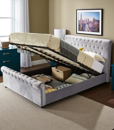 Plush Velvet Sleigh Ottoman Storage Bed