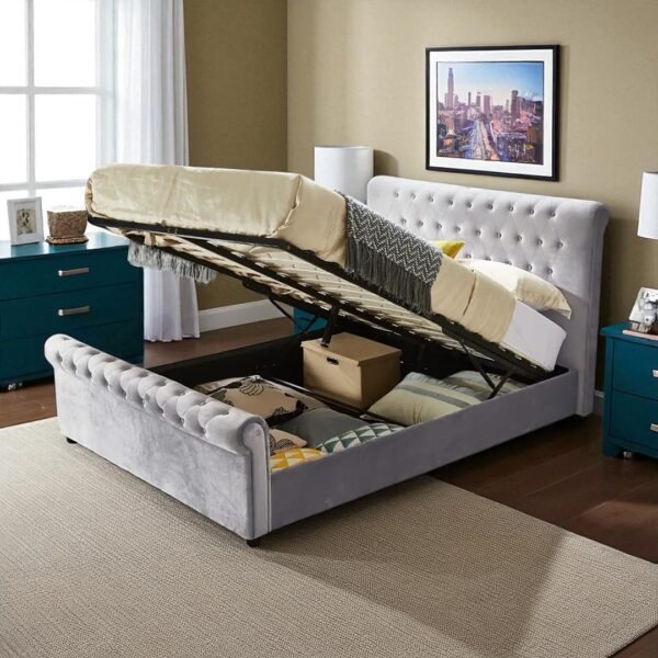 Plush Velvet Sleigh Ottoman Storage Bed